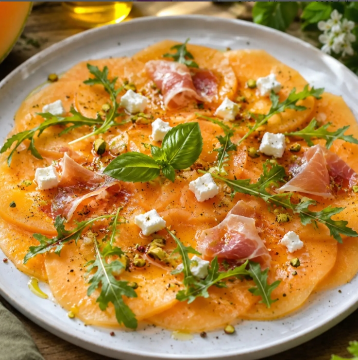 Carpaccio de melon estival au jambon cru, feta et huile d’olive bio : la recette fraîche et raffinée de l’été